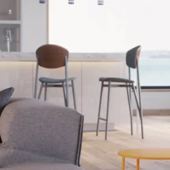 Carrier Artémis ® Tabouret snack design français assise et dossier en tissu dos en bois et pieds en métal><noscript><img width=