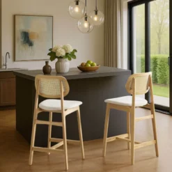 AugustinTabouret snack avec dossier en cannage et assise en tissu> Tabouret Snack (assise +/- 65 Cm)|Tabouret De Bar (assise +/- 80 Cm)