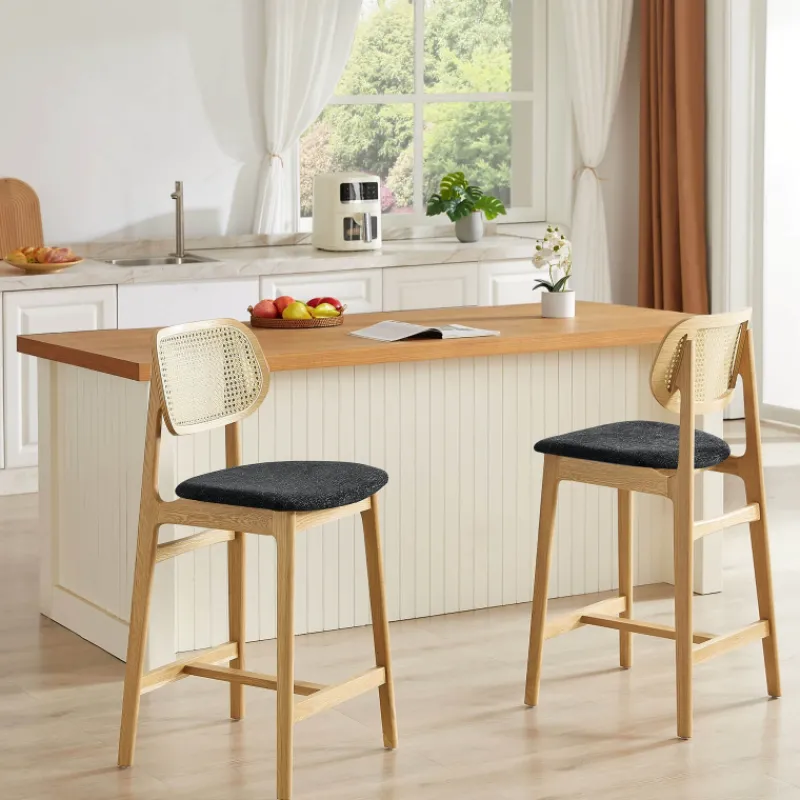 AugustinTabouret snack avec dossier en cannage et assise en tissu> Tabouret Snack (assise +/- 65 Cm)|Tabouret De Bar (assise +/- 80 Cm)