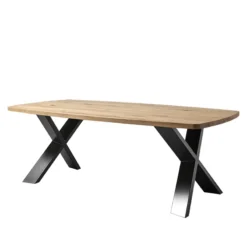 Corom export Carte Table industrielle forme tonneau en bois massif pieds croisés> Table De Salle à Manger