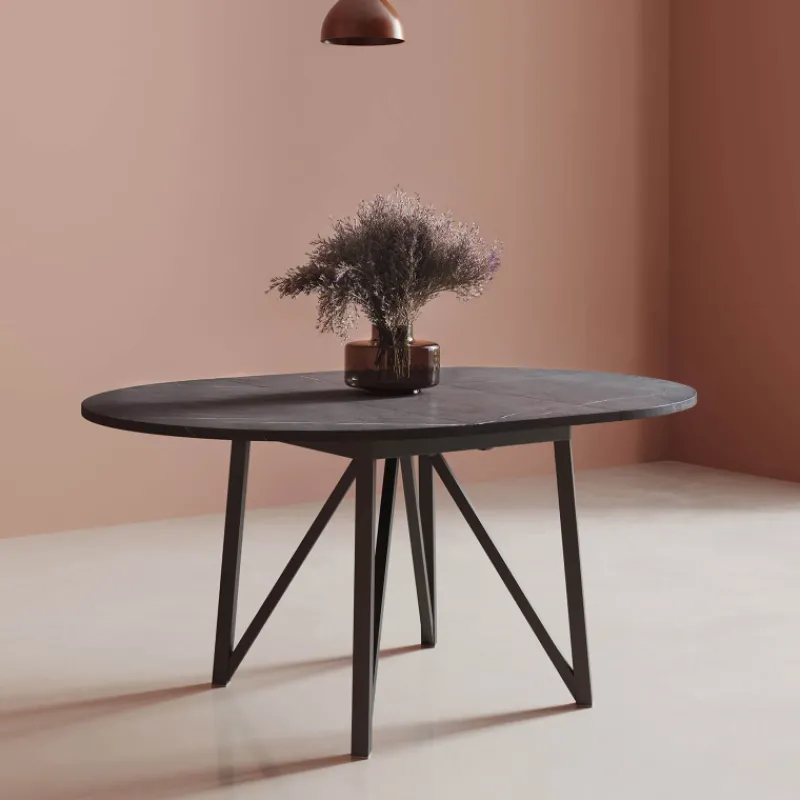 Perfecta Clair de Lune Table ronde extensible en stratifié imitation marbre avec pieds en métal anthracite> Table De Salle à Manger
