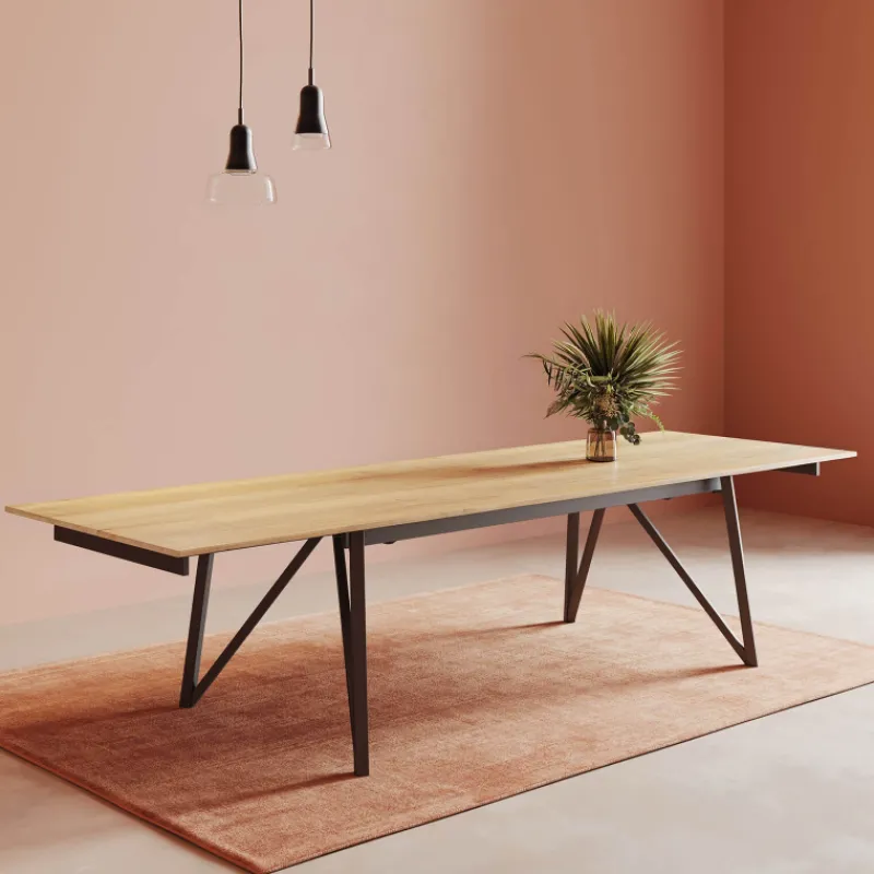 Perfecta Claire Table design extensible en mélaminé imitation chêne naturel avec pieds en métal noir> Table De Salle à Manger
