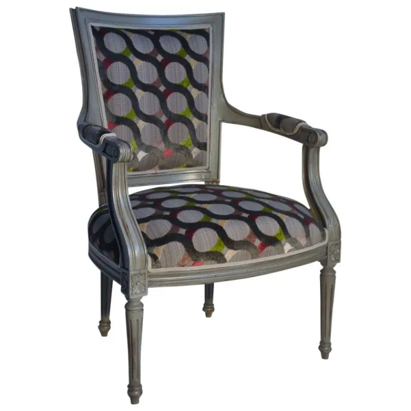 Paget Quentin Fauteuil cabriolet Louis 16 fabrication française en tissu et bois massif> Fauteuil De Salon