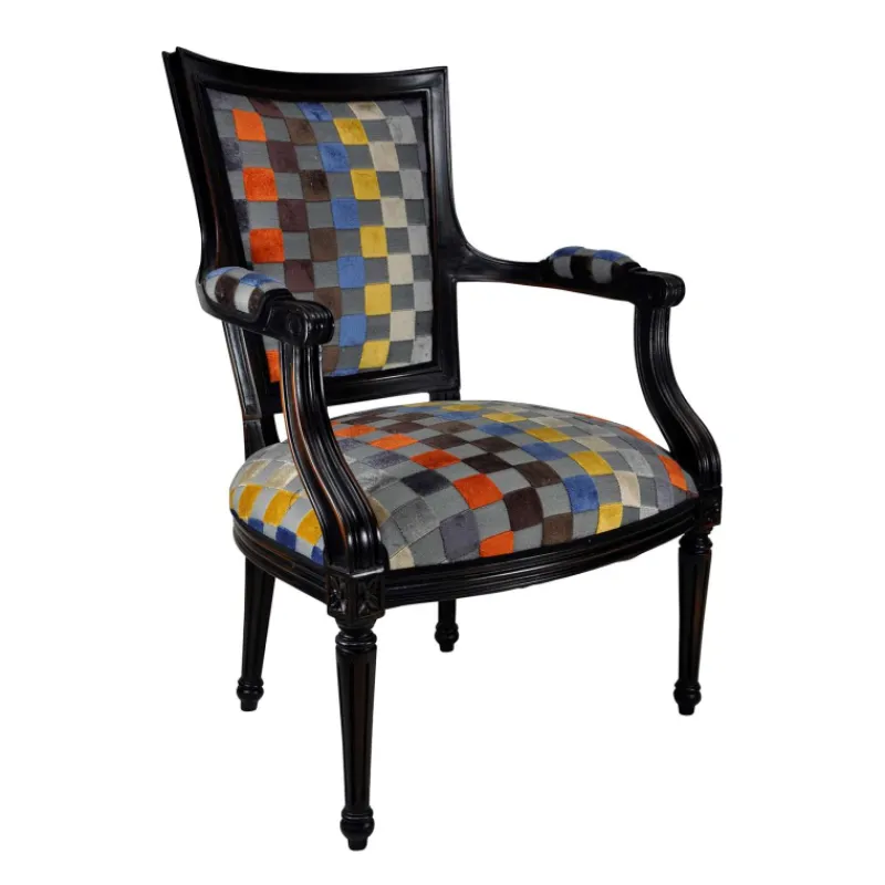 Paget Quentin Fauteuil cabriolet Louis 16 fabrication française en tissu et bois massif> Fauteuil De Salon
